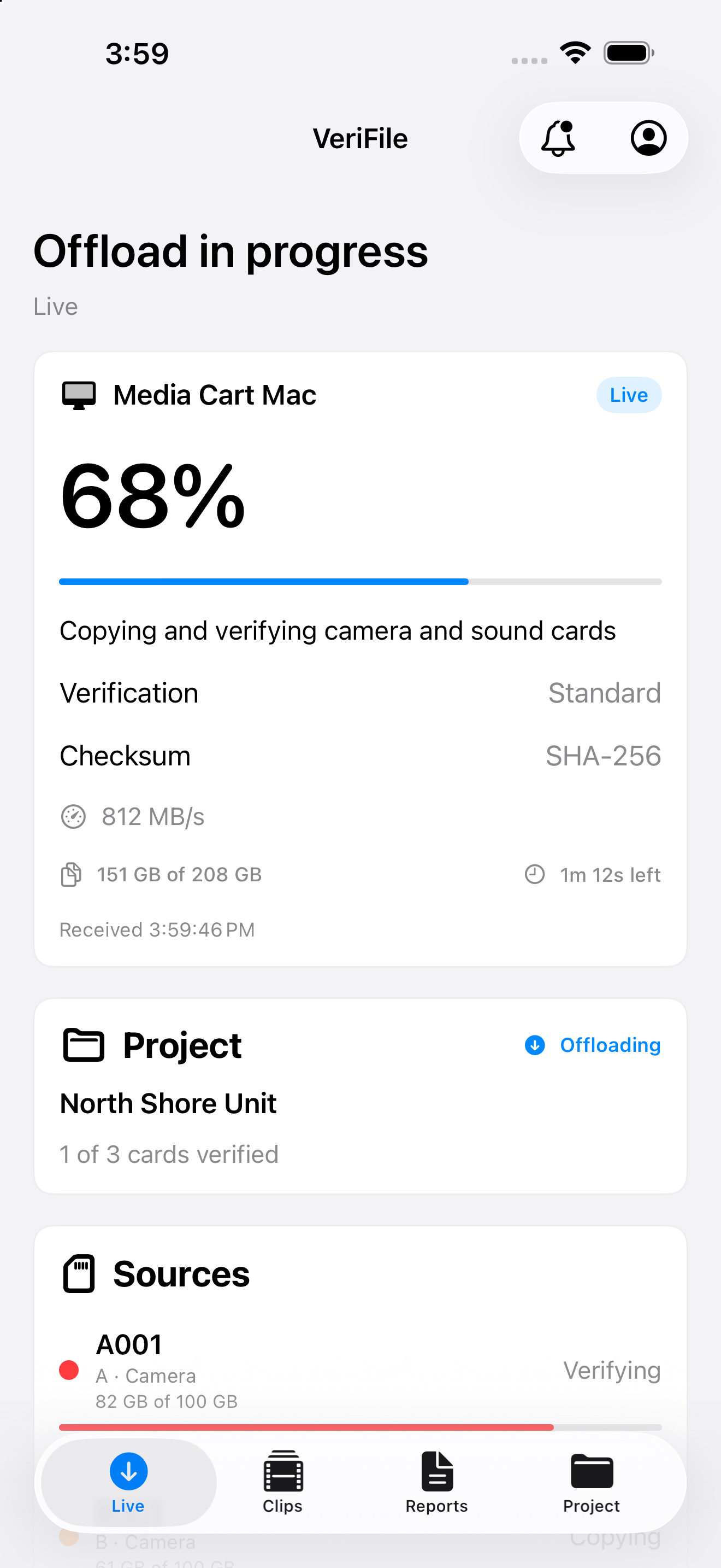 VeriFile iPhone companion showing sample offload progress and source status