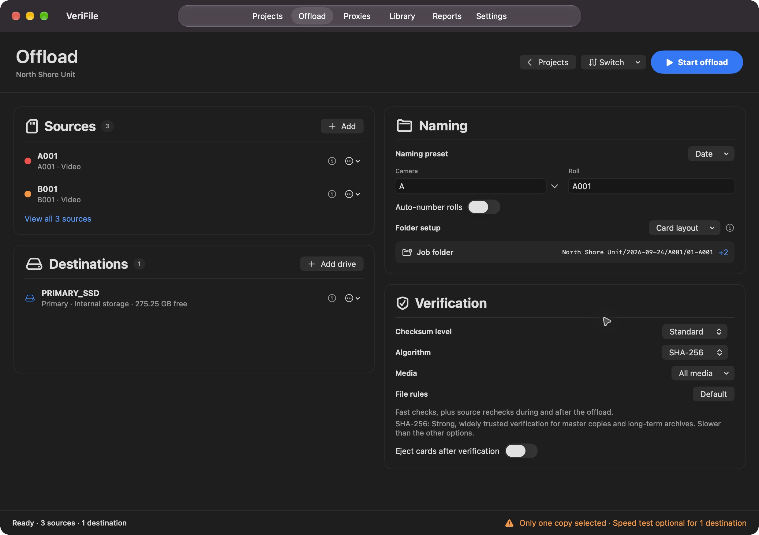 VeriFile for Mac showing three sources, a destination, naming, and checksum verification before an offload