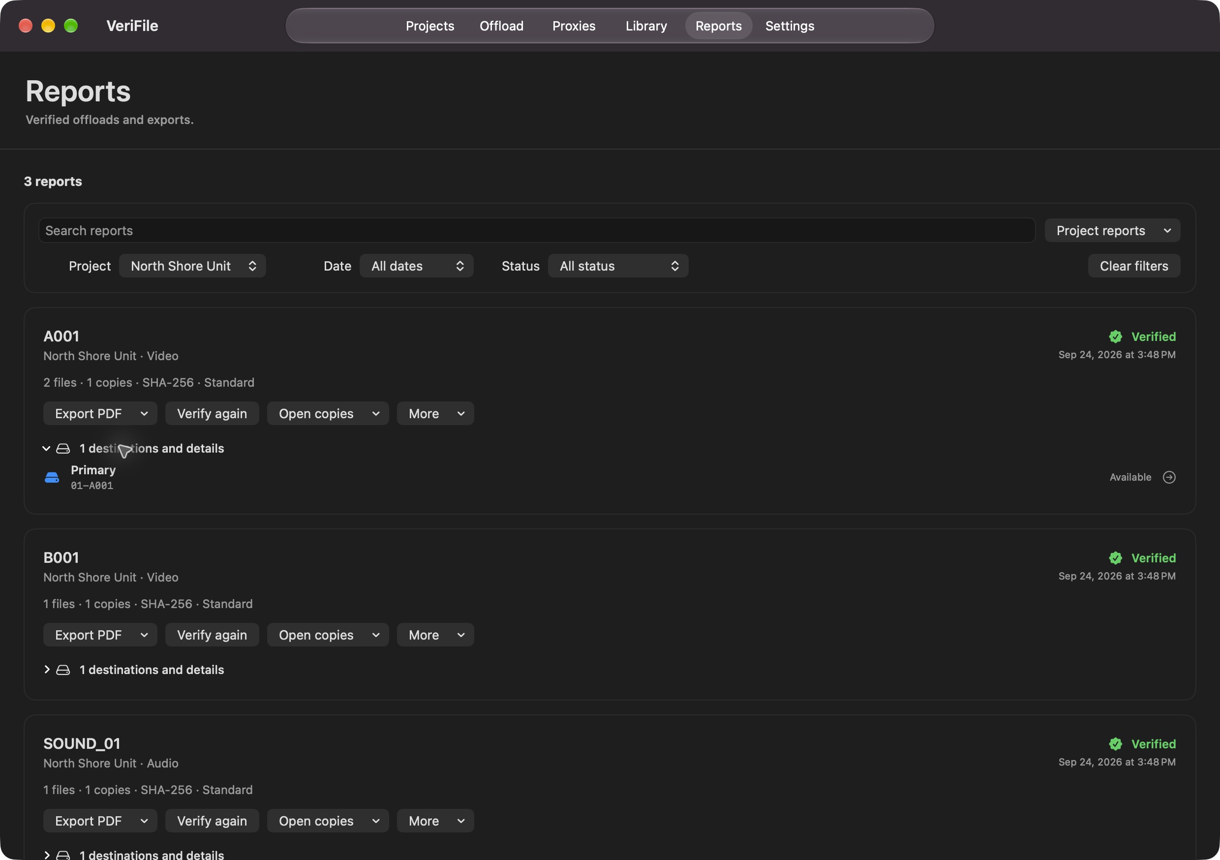 Reports page listing verified video and audio transfers with checksum details